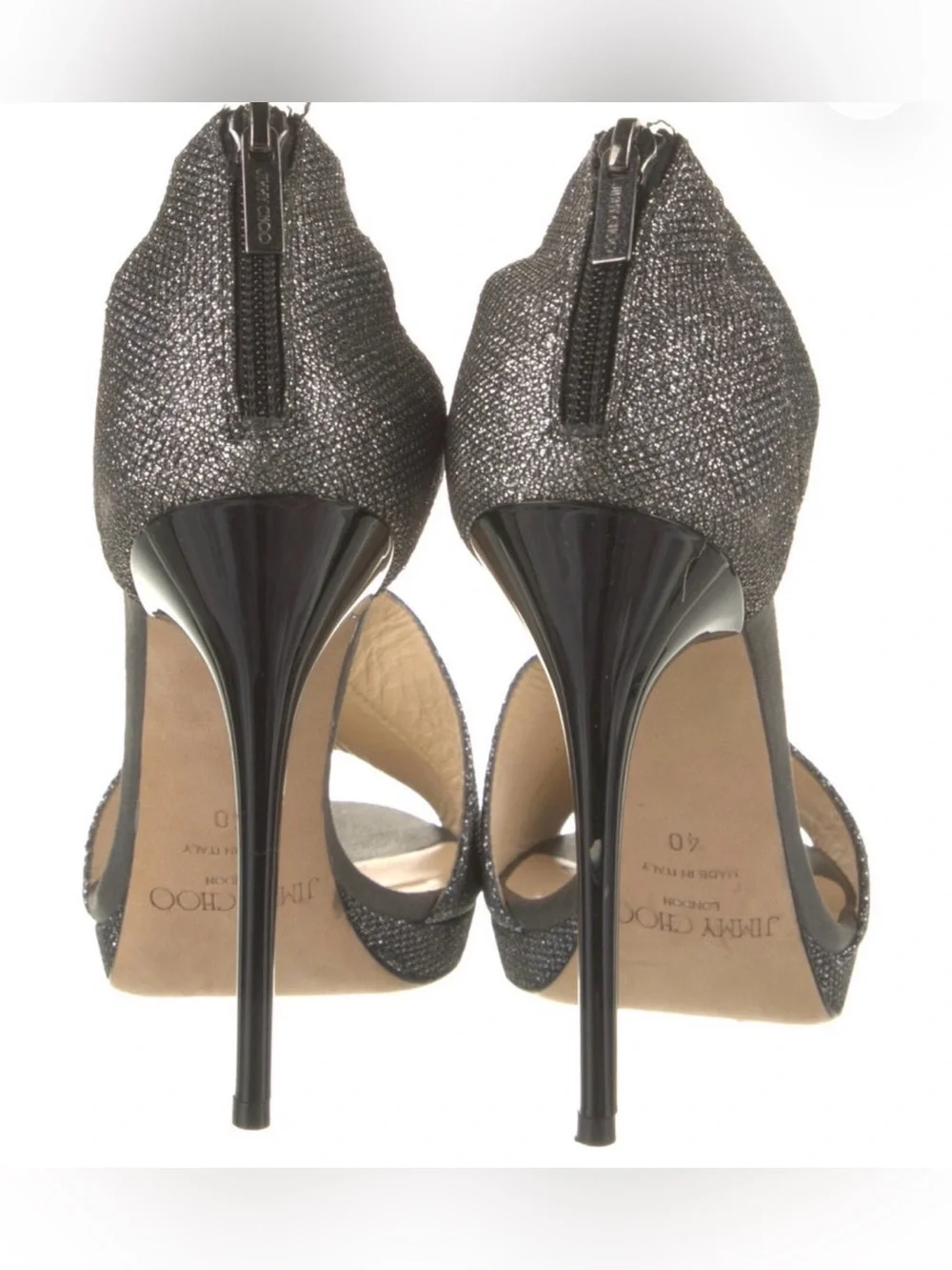 Jimmy Choo Glitter Cross-Strap Platform Heels in Gunmetal Sparkle